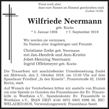 Traueranzeige von Wilfriede Neermann von Westfalen-Blatt