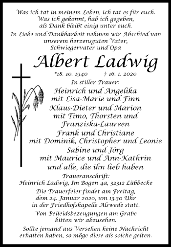 Traueranzeige von Albert Ladwig von Westfalen-Blatt