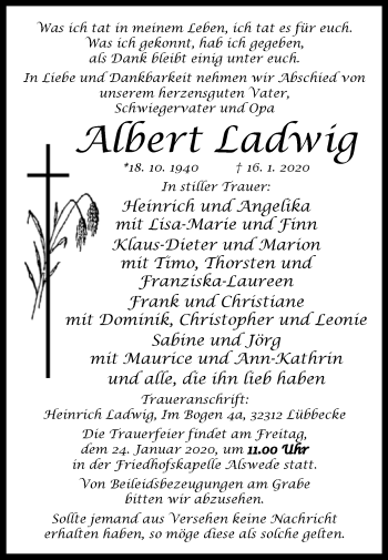 Traueranzeige von Albert Ladwig von Westfalen-Blatt