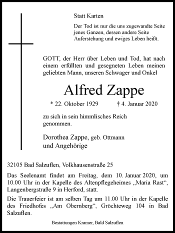 Traueranzeige von Alfred Zappe von Westfalen-Blatt