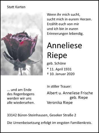 Traueranzeige von Anneliese Riepe von Westfalen-Blatt