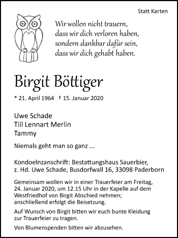 Traueranzeige von Birgit Böttiger von Westfalen-Blatt