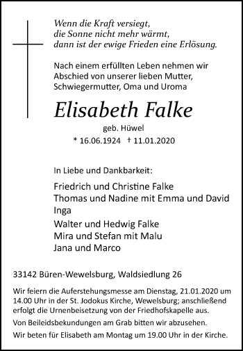 Traueranzeige von Elisabeth Falke von Westfalen-Blatt