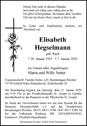 Traueranzeige von Elisabeth Hegselmann von Westfalen-Blatt