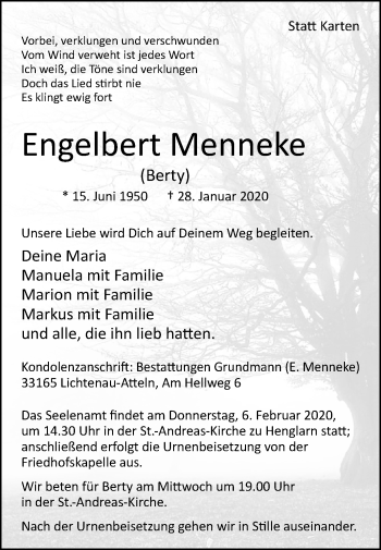 Traueranzeige von Engelbert Menneke von Westfalen-Blatt