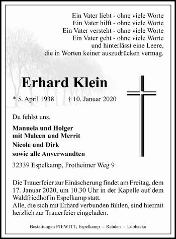 Traueranzeige von Erhard Klein von Westfalen-Blatt