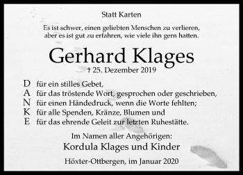 Traueranzeige von Gerhard Klages von Westfalen-Blatt