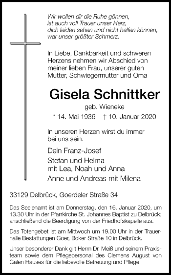 Traueranzeige von Gisela Schnittker von Westfalen-Blatt