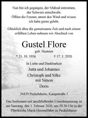 Traueranzeige von Gustel Flore von Westfalen-Blatt