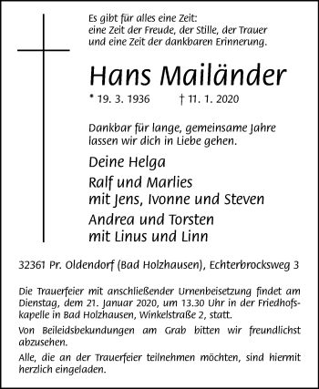 Traueranzeige von Hans Mailänder von Westfalen-Blatt