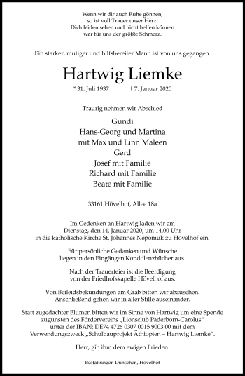 Traueranzeige von Hartwig Liemke von Westfalen-Blatt