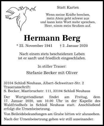 Traueranzeige von Hermann Berg von Westfalen-Blatt