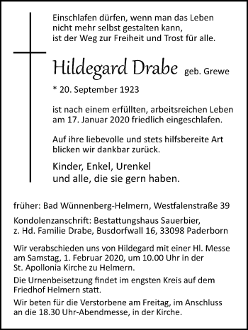 Traueranzeige von Hildegard Drabe von Westfalen-Blatt