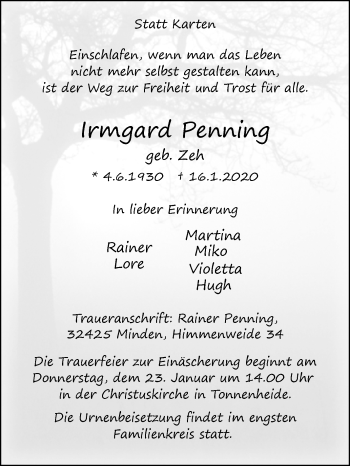 Traueranzeige von Irmgard Penning von Westfalen-Blatt