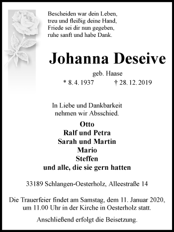 Traueranzeige von Johanna Deseive von Westfalen-Blatt