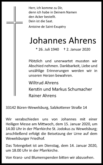 Traueranzeige von Johannes Ahrens von Westfalen-Blatt