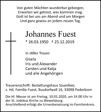 Traueranzeige von Johannes Fuest von Westfalen-Blatt