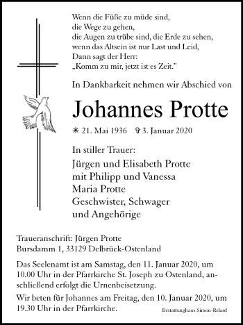 Traueranzeige von Johannes Protte von Westfalen-Blatt