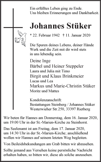 Traueranzeige von Johannes Stüker von Westfalen-Blatt