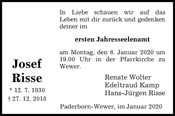 Traueranzeige von Josef Risse von Westfalen-Blatt