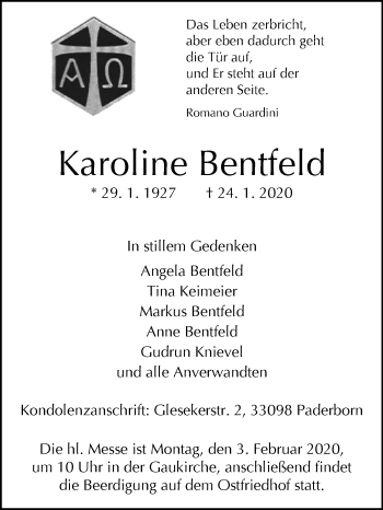 Traueranzeige von Karoline Bentfeld von Westfalen-Blatt