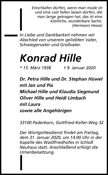 Traueranzeige von Konrad Hille von Westfalen-Blatt