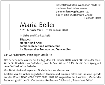 Traueranzeige von Maria Beller von Westfalen-Blatt