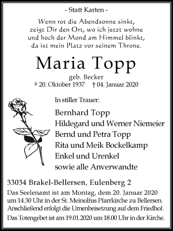 Traueranzeige von Maria Topp von Westfalen-Blatt