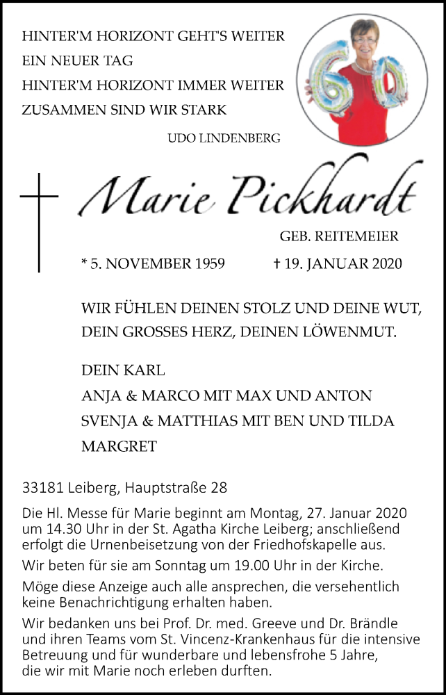  Traueranzeige für Marie Pickardt vom 22.01.2020 aus Westfalen-Blatt