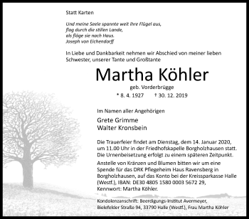 Traueranzeige von Martha Köhler von Westfalen-Blatt