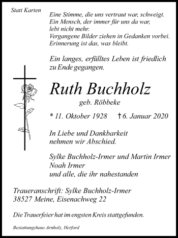 Traueranzeige von Ruth Buchholz von Westfalen-Blatt