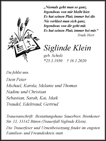 Traueranzeige von Siglinde Klein von Westfalen-Blatt