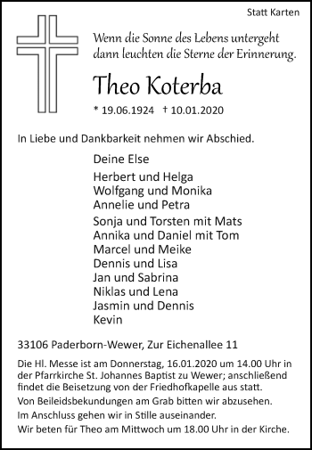 Traueranzeige von Theo Koterba von Westfalen-Blatt