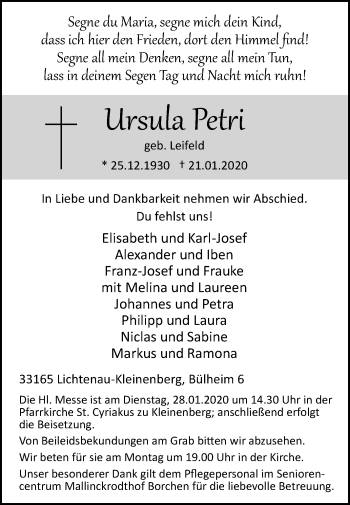 Traueranzeige von Ursula Petri von Westfalen-Blatt