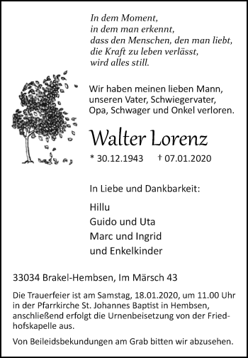 Traueranzeige von Walter Lorenz von Westfalen-Blatt