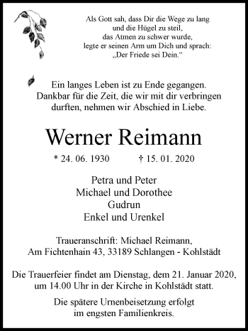 Traueranzeige von Werner Reimann von Westfalen-Blatt