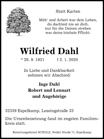 Traueranzeige von Wilfried Dahl von Westfalen-Blatt