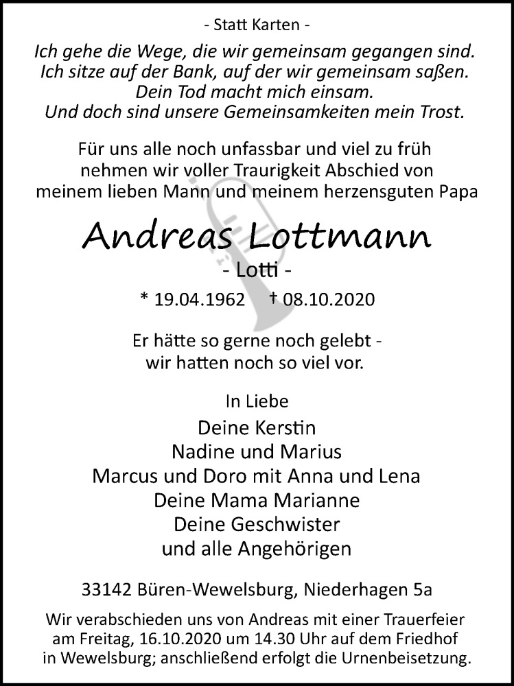  Traueranzeige für Andreas Lottmann vom 13.10.2020 aus Westfalen-Blatt