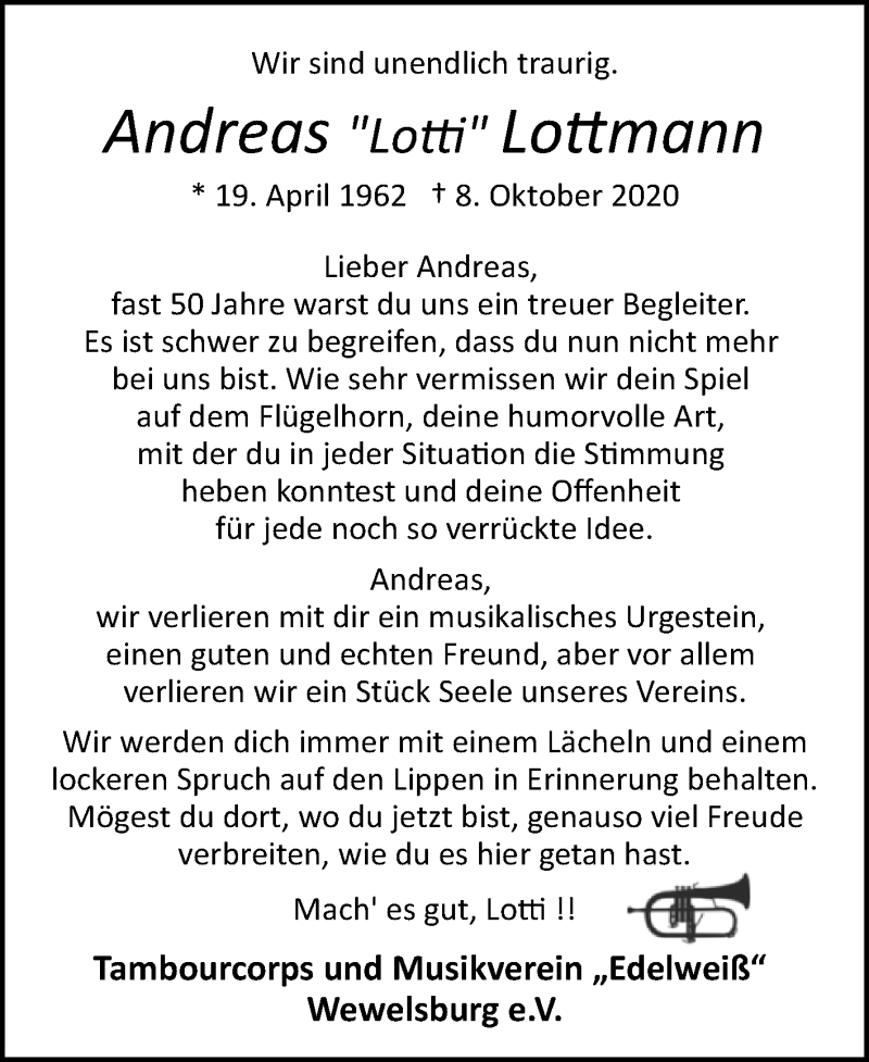  Traueranzeige für Andreas Lottmann vom 14.10.2020 aus Westfalen-Blatt