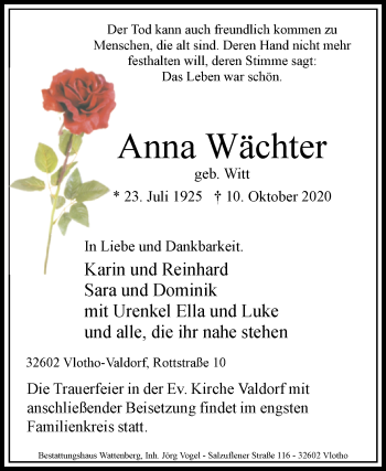 Traueranzeige von Anna Wächter von Westfalen-Blatt