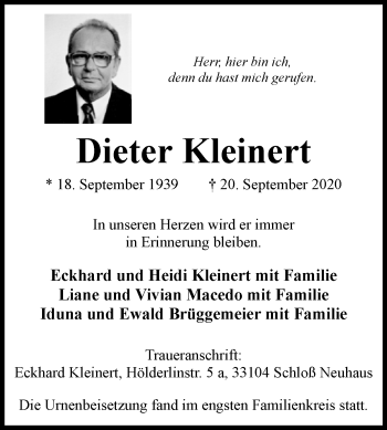 Traueranzeige von Dieter Kleinert von Westfalen-Blatt