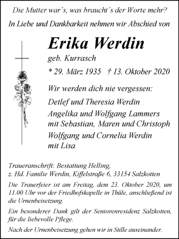 Traueranzeige von Erika Werdin von Westfalen-Blatt