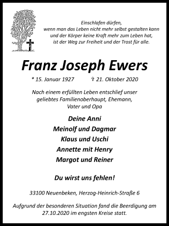 Traueranzeige von Franz Joseph Ewers von Westfalen-Blatt