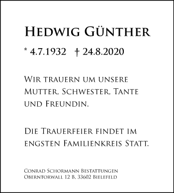 Traueranzeige von Hedwig Günther von Westfalen-Blatt