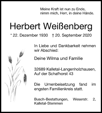 Traueranzeige von Herbert Weißenberg von Westfalen-Blatt