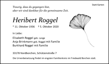 Traueranzeige von Heribert Roggel von Westfalen-Blatt