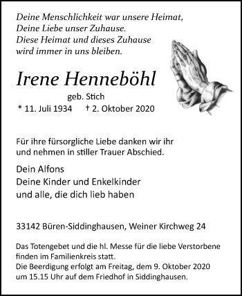 Traueranzeige von Irene Henneböhl von Westfalen-Blatt