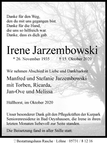 Traueranzeige von Irene Jarzembowski von Westfalen-Blatt