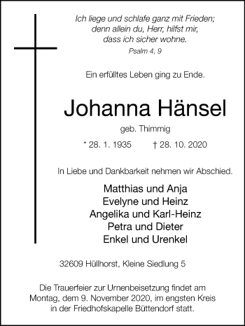 Traueranzeige von Johanna Hänsel von Westfalen-Blatt