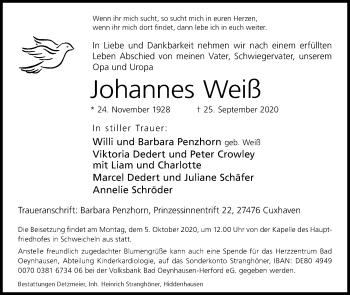 Traueranzeige von Johannes Weiß von Westfalen-Blatt